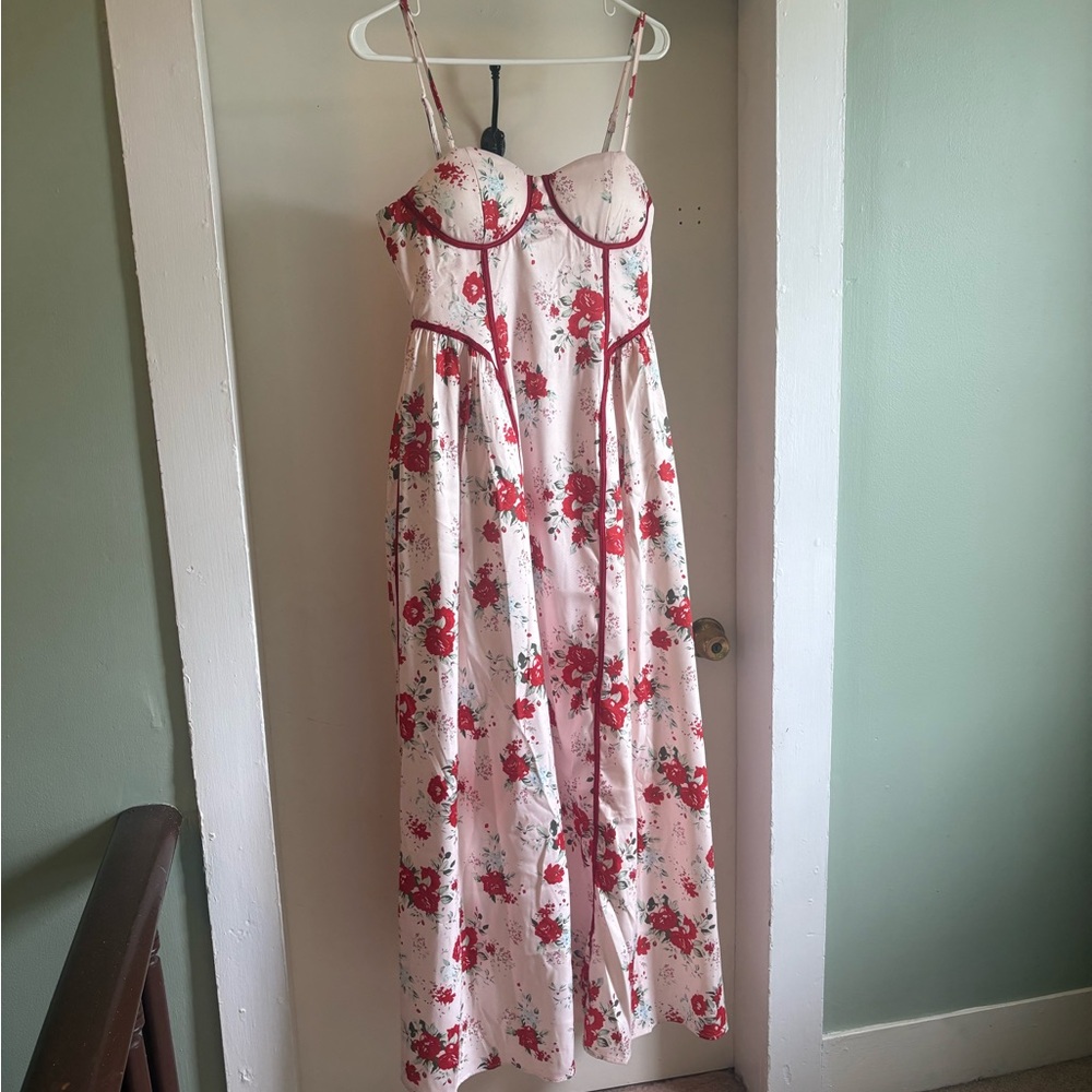 Fashion Nova Pink Floral Maxi Dress with Red Accents